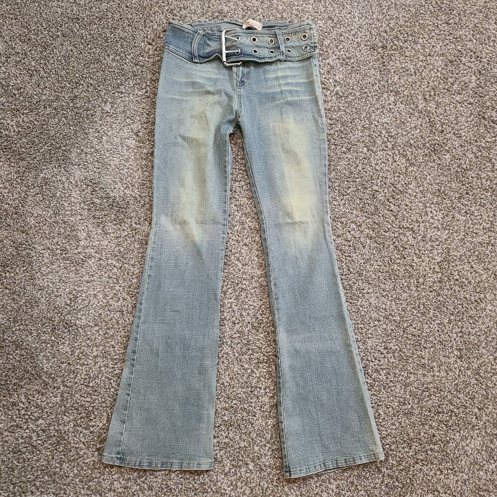 Alphabet St Funky Belt Green Wash Blue Stretch Flare Jeans  - Size Medium (~Sz 5